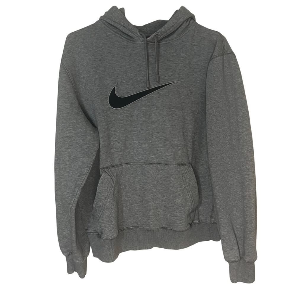 Nike Gray Pullover Hoodie with Navy Blue Swoosh Logo – Unisex Size Medium